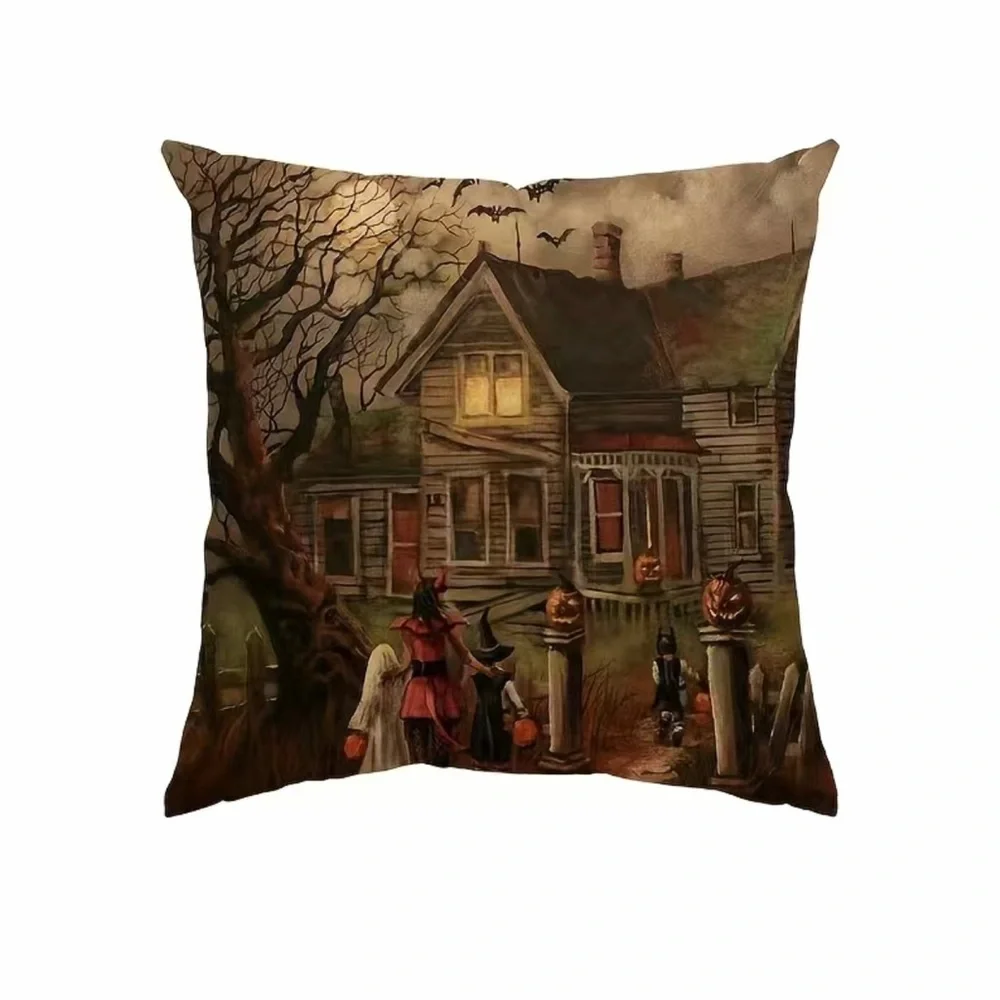 4pcs Encrypted‎ Linen Blend, Halloween Decorative Ghost House Printed Cushion